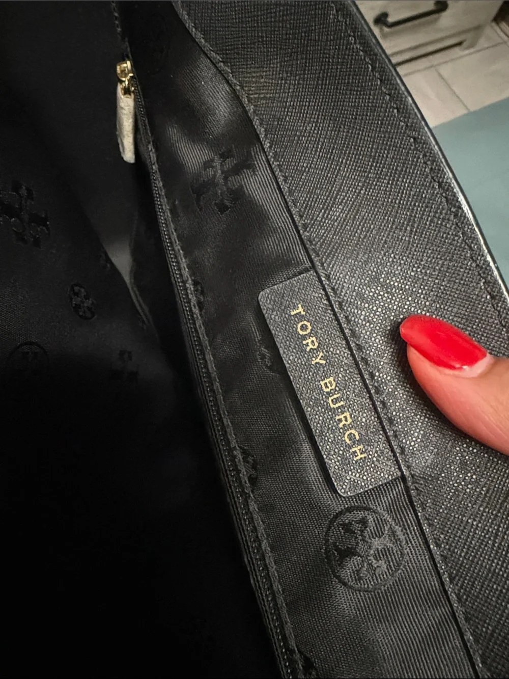 Tory Burch Black Saffiano Leather Shoulder Tote with Gold Logo